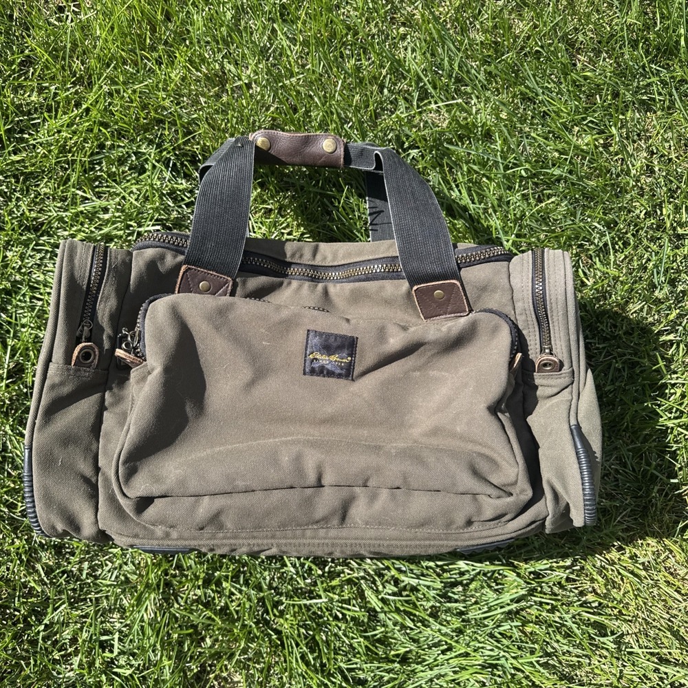 Eddie Bauer Olive Canvas Brown Leather Duffle Bag Weekender Carry On Vtg 90s USA